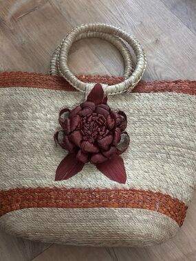 Straw Tote Bag with Red Floral Accent